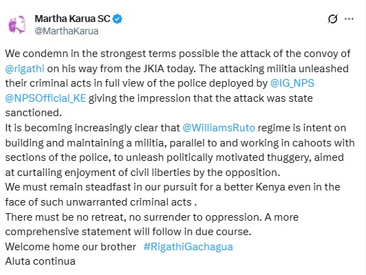 PLP leader Martha Karua's statement PHOTO/Screengrab by K24 Digital/@MarthaKarua/x