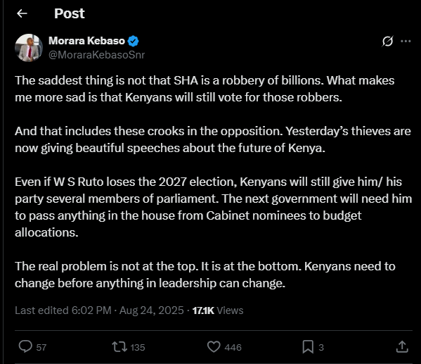 A post shared by Morara Kebaso on X. PHOTO/Screengrab by K24 Digital from @MoraraKebasoSnr
