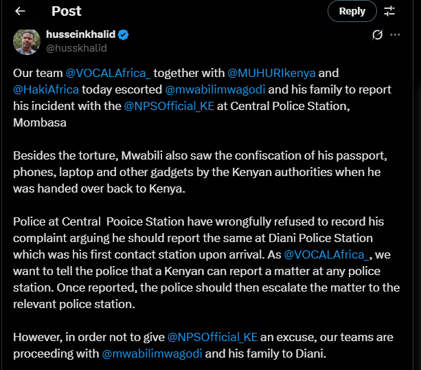 A post shared by Hussein Khalid on his X account. PHOTO/Screengrab by K24 Digital from husskhalid