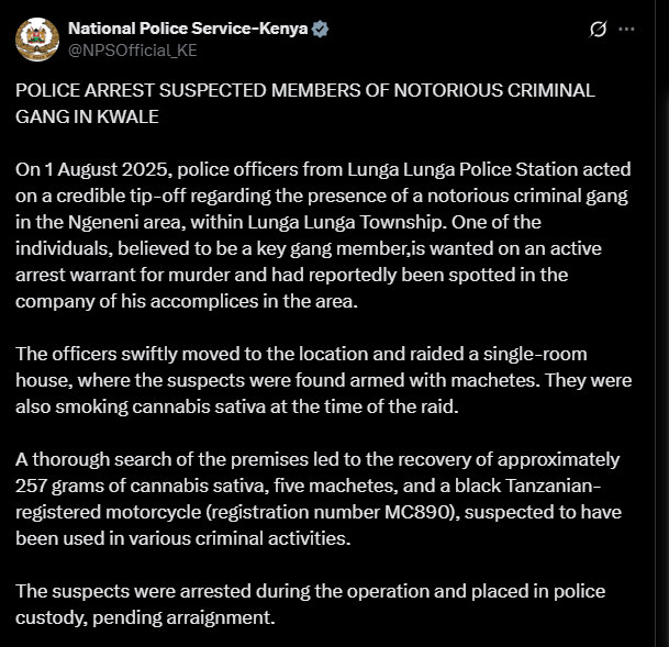 A post shared by the NPS on X. PHOTO/Screengrab by K24 Digital from @NPSOfficial_KE/X
