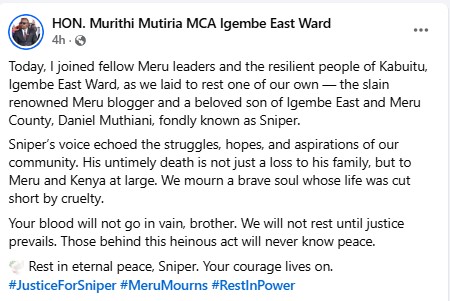 Igembe East Ward MCA Murithi Mutiria's statement. PHOTO/screengrab by K24 Digital/https://www.facebook.com/murithifirmcaigembeeastward