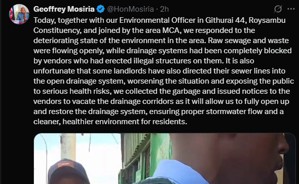 A post shared by Geoffrey Mosiria on X. PHOTO/Screengrab by K24 Digital from @HonMosiria