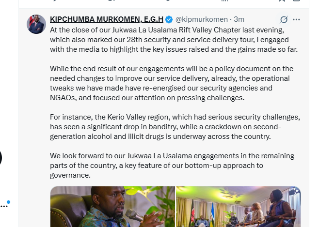 CS Kipchumba Murkomen's post admitting reduction of Banditry. PHOTO/Screengrab by K24 Digital.
