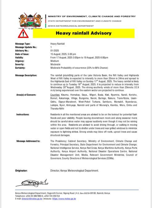 An advisory shared by the Kenya Met Department. PHOTO/@KenyaRedCross/X
