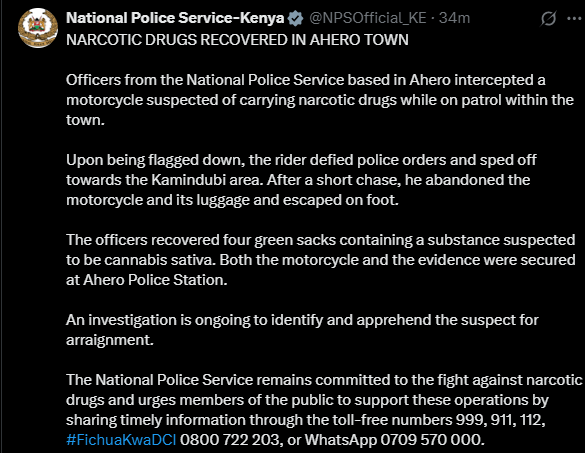A post shared by NPS on X. PHOTO/Screengrab by K24 Digital from @NPSOfficial_KE
