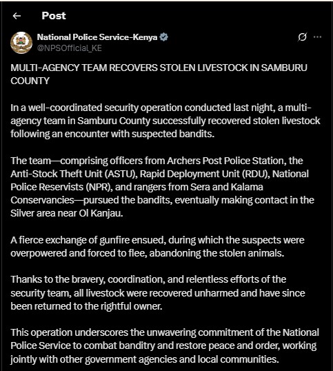 Part of the statement shared by the National Police Service on Tuesday August 5, 2025. PHOTO/ Screengrab by K24 Digital/@NPSOfficial_KE/X