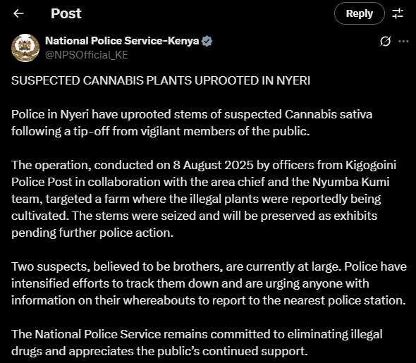 A post shared by NPS on X account. PHOTO/Screengrab by K24 Digital from @NPSOfficial_KE
