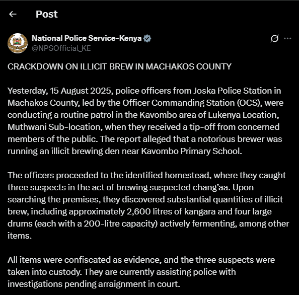 A post shared by NPS on X. PHOTO/Screengrab by K24 Digital from @NPSOfficial_KE
