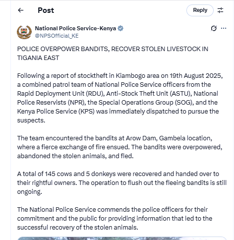 NPS statement reporting the recovery of more livestock after a shootout with bandits. PHOTO/Screengrab by K24 Digital from @NPSOfficial_KE
