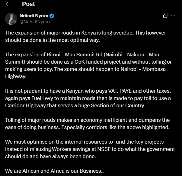 A post shared by Ndindi Nyoro on his X account. PHOTO/Screengrab by K24 Digital from @NdindiNyoro