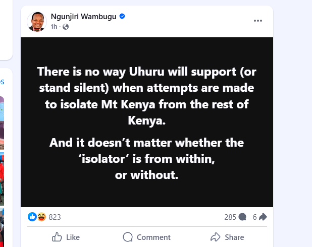 Former Nyeri Town MP Ngunjiri Wambugu's post screengrab. PHOTO/Screngrab by K24 Digital