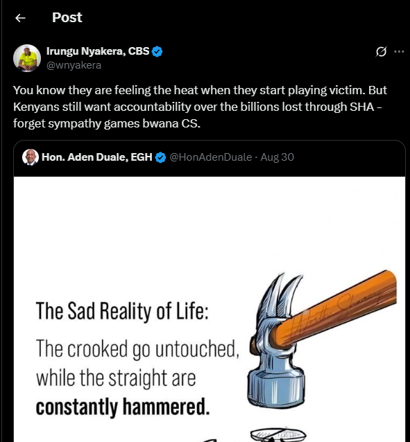 A post shared by Irungu Nyakera on his X account. PHOTO/Screengrab by K24 Digital from @wnyakera