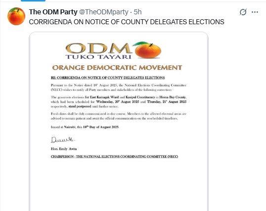 The ODM party statement. PHOTO/ A screengrab by K24 Digital from a post on X by @TheODMparty

