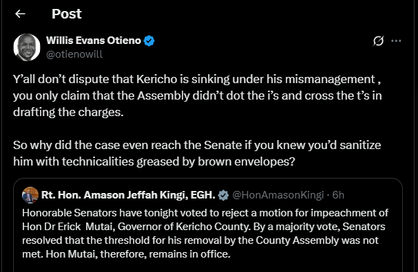 A post shared by Willis Otieno on X. PHOTO/Screengrab by K24 Digitla from @otienowill