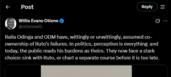 A post shared by Willis Otieno on his X account. PHOTO/Screengrab by K24 Digital from @otienowill