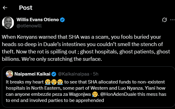 A post shared by Willis Otieno on his X account. PHOTO/Screengrab by K24 Digital from @otienowill