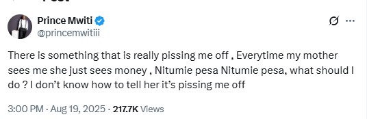 TikToker Prince Mwiti lamenting about black tax. PHOTO/@princemwitiii/X