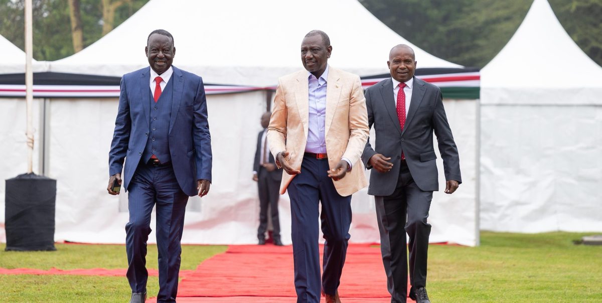 Raila Odinga, William Ruto and Kithure Kindiki attending a PG Meeting in Karen. PHOTO/https://www.facebook.com/kimani.ichungwah.7