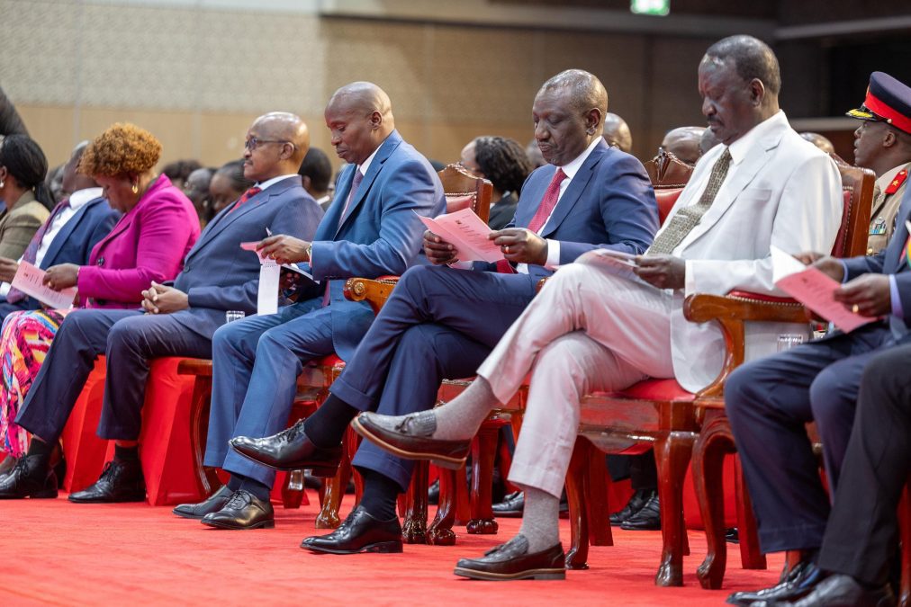 President William Ruto with former Prime Minister Raila Odinga and Deputy President Kithure Kindiki at the Katiba Day celebrations at KICC, Nairobi on August 27, 2025. PHOTO/@WilliamsRuto