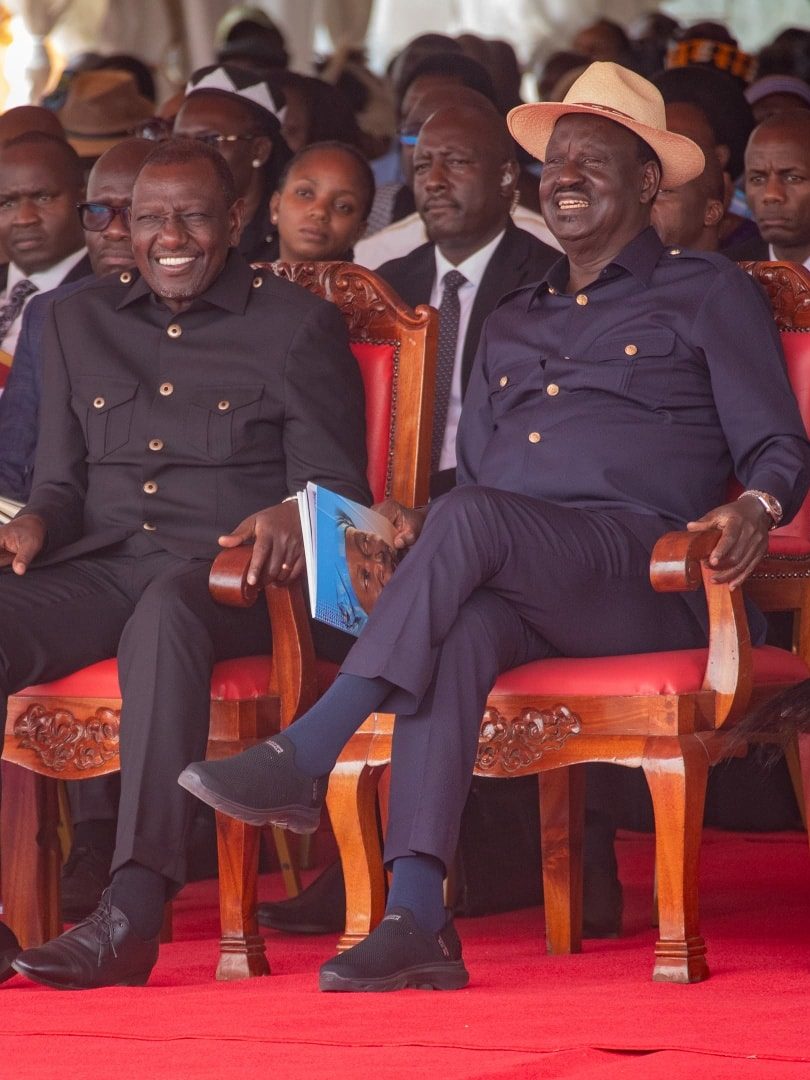 President William Ruto, ODM Party Leader Raila Odinga, during the funeral service of the late Phoebe Asiyo in Homa Bay on August 8, 2025. PHOTO/https://www.facebook.com/RailaOdingaKE