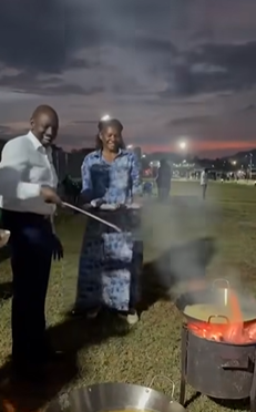 President William Ruto excited as he fries fish in hot oil at the lake. PHOTO/Screengrab by K24 Digital from video posted on Facebook