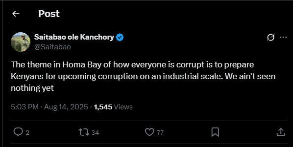 A post shared by Saitabao Kanchory on X. PHOTO/Screengrab by K24 Digital from @Saitabao