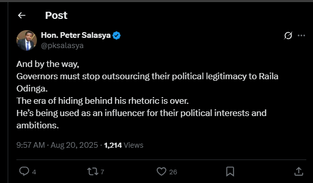A post shared by Peter Salasya on his X account. PHOTO/Screengrab by K24 Digital from @pksalasya
