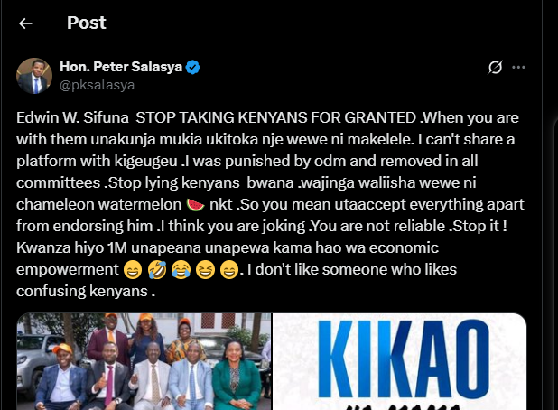 A post shared by Peter Salasya on his X account. PHOTO/Screengrab by K24 Digital from @pksalasya