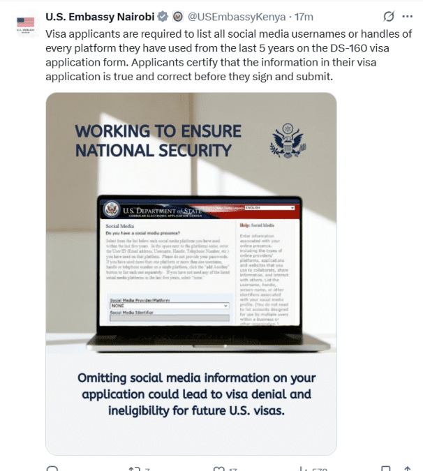 U.S. Embassy, Nairobi’s post on social media vetting. PHOTO/A screengrab by K24 Digital@USEmbassyKenya/X
