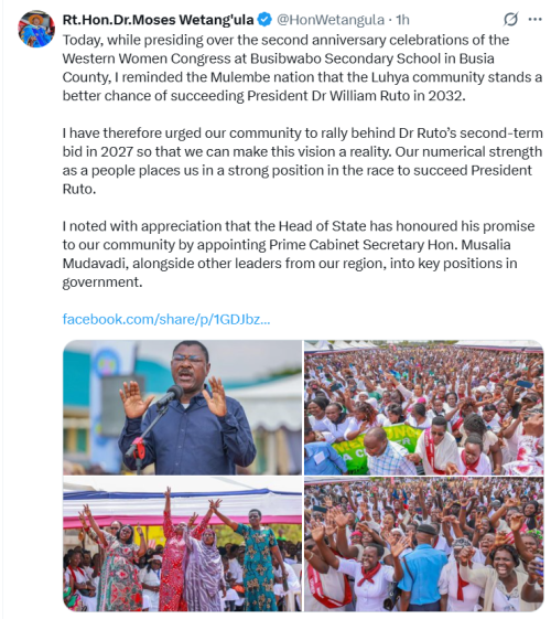 Moses Wetang’ula’s post on X. PHOTO/A screengrab by K24 Digital@HonWetangula/X