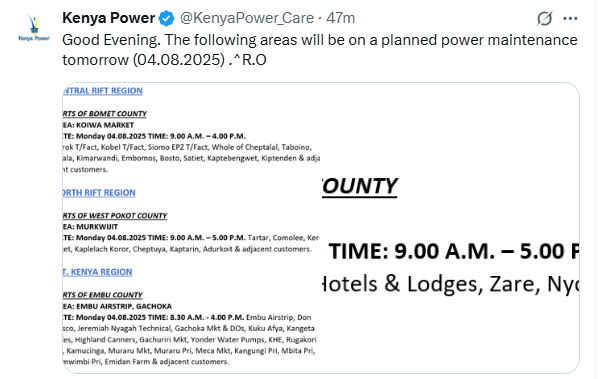 X post by Kenya Power. PHOTO/Screengrab by People Daily Digital