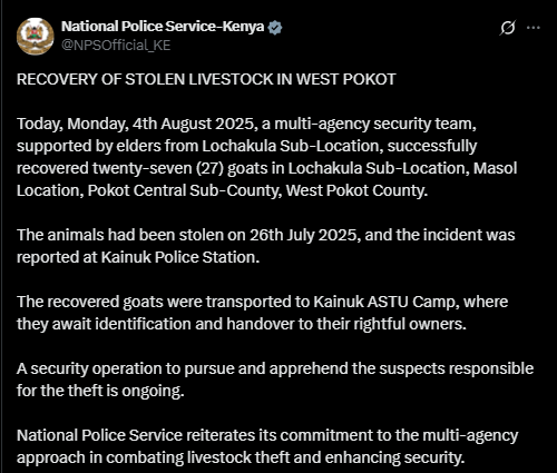NPS post on livestock recovery. PHOTO/ A screengrab by K24 Digital@NPSOfficial_KE/X