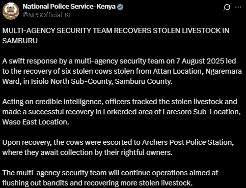 NPS post on livestock recovery. PHOTO/Screengrab by K24 Digital from a post by @NPSOfficial_KE/X