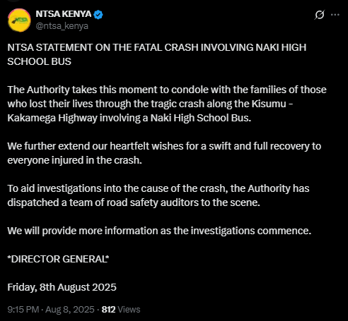 NTSA post on the accident. PHOTO/Screengrab by K24 Digital from a post by @ntsa_kenya/X