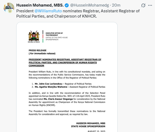 Statement from State House Spokesperson Hussein Muhamed on appointments.PHOTO/K24 screengrab posted by@HusseinMohamedg/X
