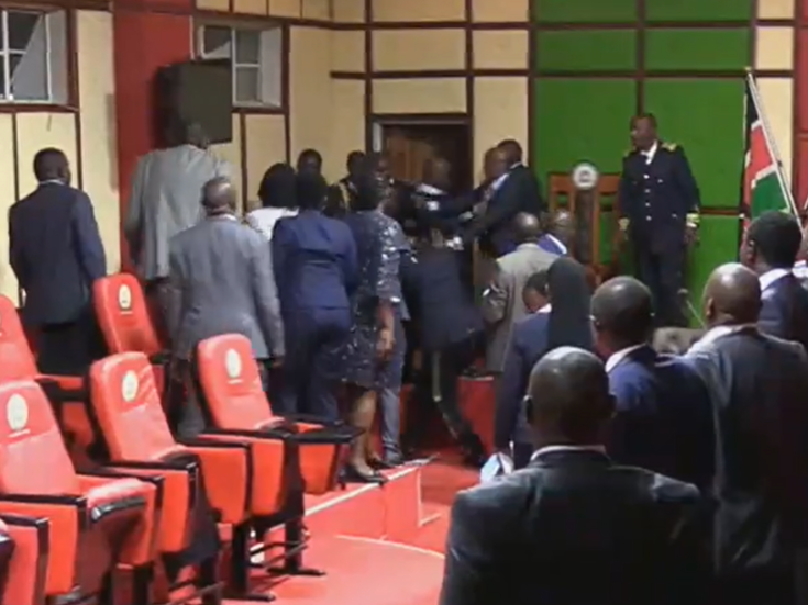 MCAs engaging in a scuffle during the impeachment voting session of Kericho governor Erick Mutai on August 15, 2025. PHOTO/Screengrab by K24 Digital of Facebook video from https://www.facebook.com/DrErickMutai