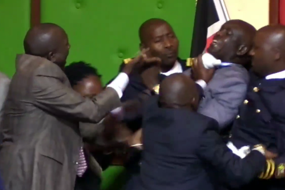 MCAs engaging in a scuffle during the impeachment voting session of Kericho governor Erick Mutai on August 15, 2025. PHOTO/Screengrab by K24 Digital of Facebook video from https://www.facebook.com/DrErickMutai