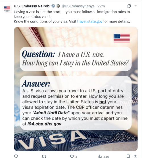 U.S. Embassy post on X. PHOTO/A screengrab by K24 Digital/@USEmbassyKenya/X
