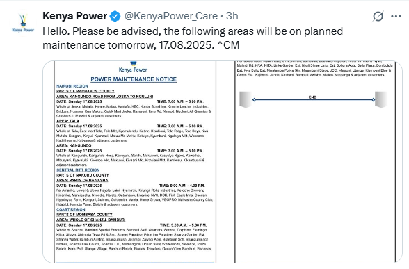 X post by Kenya Power. PHOTO/Screengrab by by K24 Digital. 