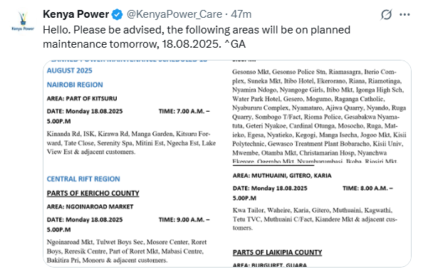 X post by Kenya Power. PHOTO/Screengrab by People Daily Digital