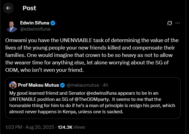 Exchange between Edwin Sifuna and Makau Mutua on
X. PHOTO/Screengrab by K24 Digital from @edwinsifuna