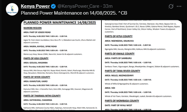 a post shared by Kenya Power on Wednesday, August 13, 2025, on X. PHOTO/Screengrab by K24 Digital from @KenyaPower_Care/X
