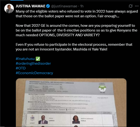 A post shared by Justina Wamae on her X account. PHOTO/Screengrab By K24 Digital from @justinawamae
