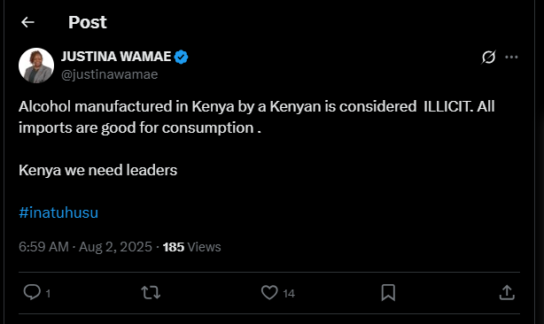 A post shared by Justina Wamae on her X account. PHOTO/Screengrab by K24 Digital from @justinawamae