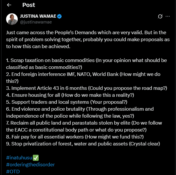 A post shared by Justina Wamae on her X account. PHOTO/Screengrab by K24 Digital from @justinawamae