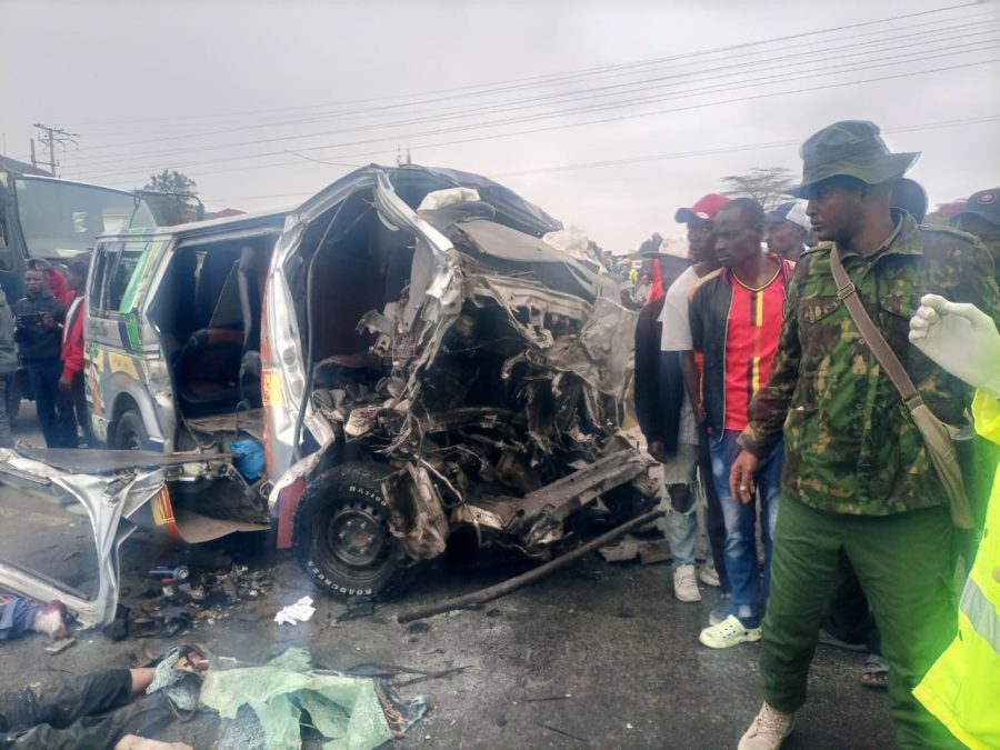 The wreckage of the vehicles involved in the accident along the Nairobi-Namanga road, Korompoi area, that claimed the lives of seven people. PHOTO/Christine Musa