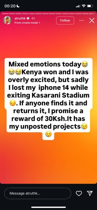 A post shared by Ruth K on her Instagram stories. PHOTO/Screengrab by K24 Digital from @atruthk