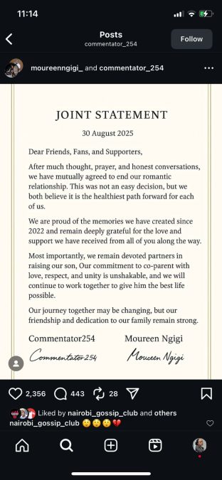 A joint statement by Commentator 254 and Moureen Ngigi. PHOTO/Screengrab by K24 Digital from @moureenngigi