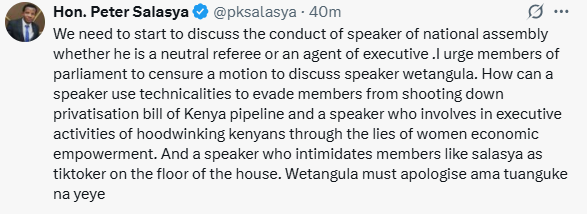Mumias East Member of Parliament (MP) Peter Salasya’s statement on August 20, 2025. PHOTO/ A screengrab by K24 Digital of posts by @pksalasya/X
