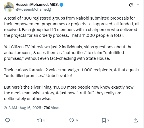 A screenshot of Hussein Mohamed’s statement. PHOTO/Screengrab by K24 Digital from a statement shared on X by @HusseinMohamedg
